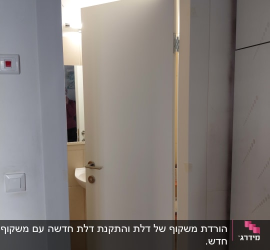 דלת לבנה פתוחה חלקית עם ידית מתכת